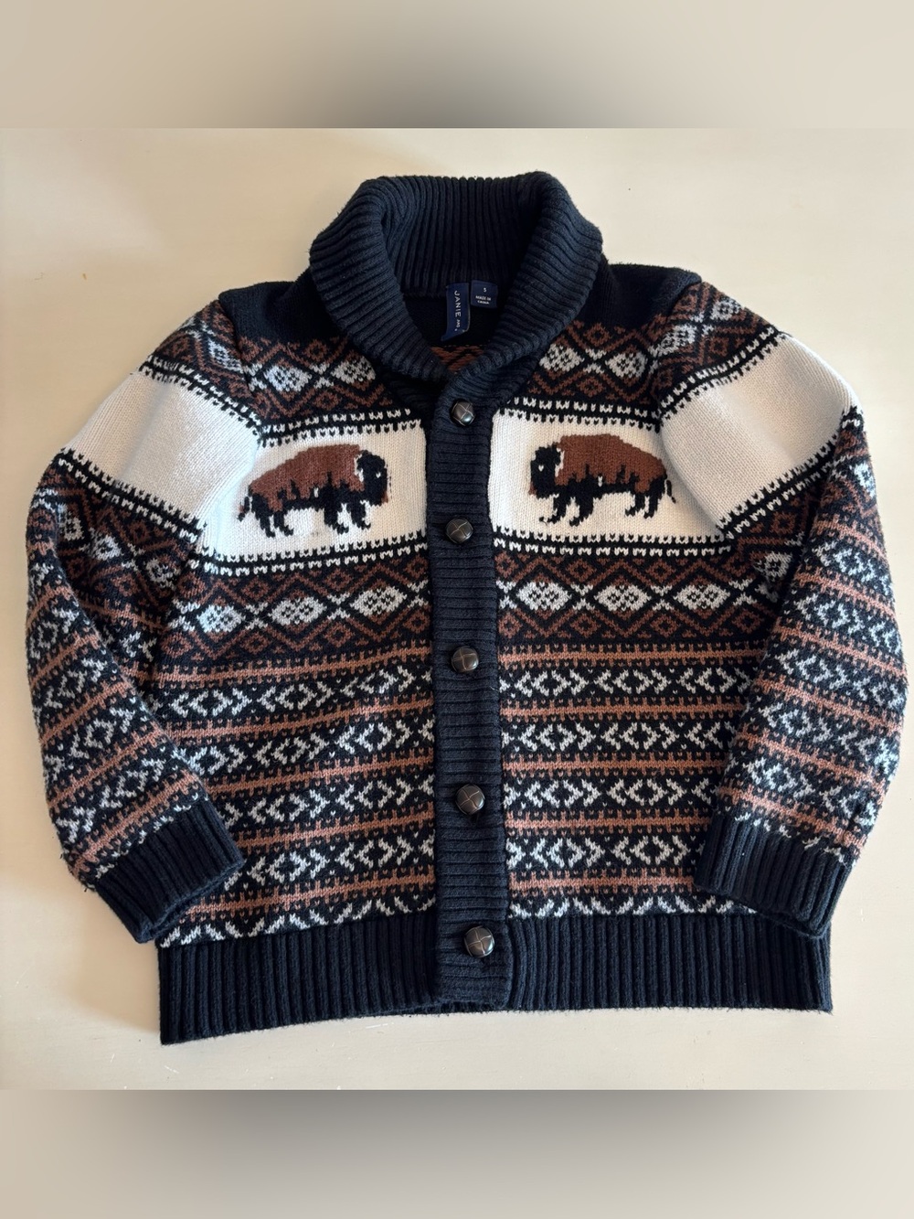 Janie and Jack Boys Black Fair Isle The Buffalo Shawl Collar Cardigan Size 5